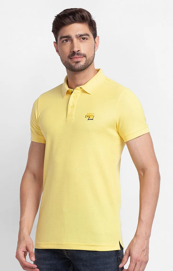 Spykar Yellow Cotton Half Sleeve Plain Casual Polo T-Shirt For Men