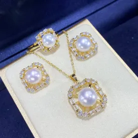 Square Zirconia White Freshwater Pearl Jewelry Set