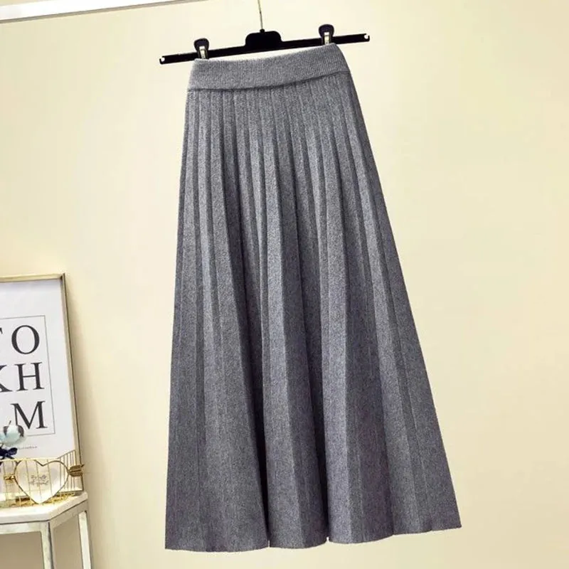 Toleet-2023 Autumn Winter Pleated Skirt Women Elastic High Waist Knitted Skirts Woman Elegant Solid Color A-Line Long Skirts