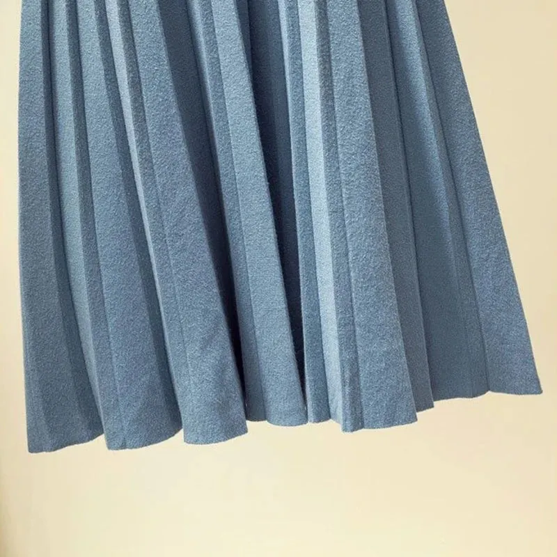 Toleet-2023 Autumn Winter Pleated Skirt Women Elastic High Waist Knitted Skirts Woman Elegant Solid Color A-Line Long Skirts