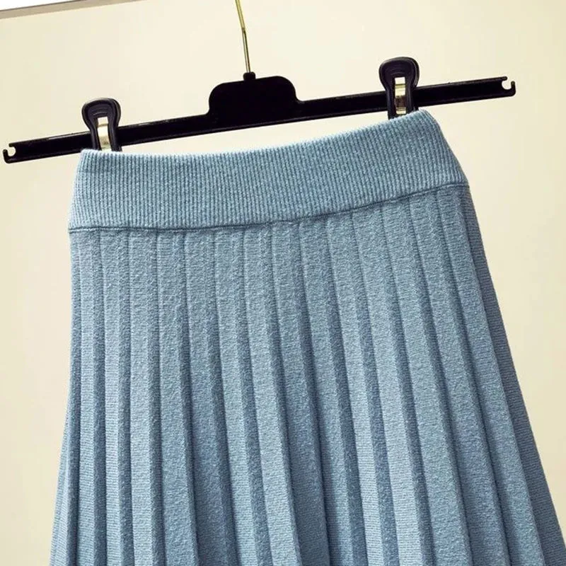 Toleet-2023 Autumn Winter Pleated Skirt Women Elastic High Waist Knitted Skirts Woman Elegant Solid Color A-Line Long Skirts
