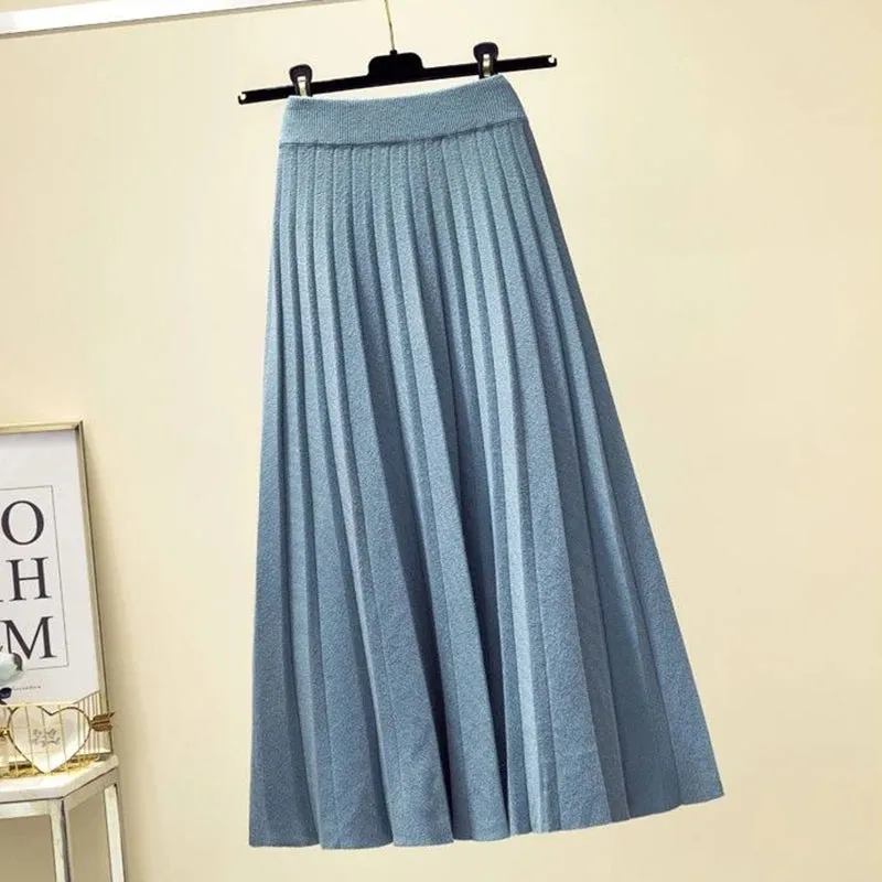 Toleet-2023 Autumn Winter Pleated Skirt Women Elastic High Waist Knitted Skirts Woman Elegant Solid Color A-Line Long Skirts