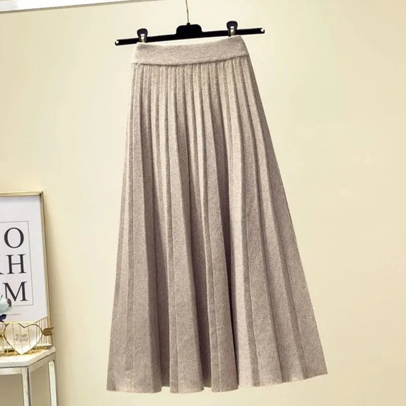 Toleet-2023 Autumn Winter Pleated Skirt Women Elastic High Waist Knitted Skirts Woman Elegant Solid Color A-Line Long Skirts