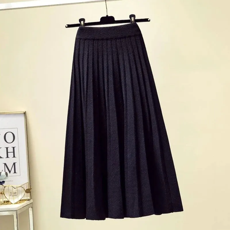 Toleet-2023 Autumn Winter Pleated Skirt Women Elastic High Waist Knitted Skirts Woman Elegant Solid Color A-Line Long Skirts