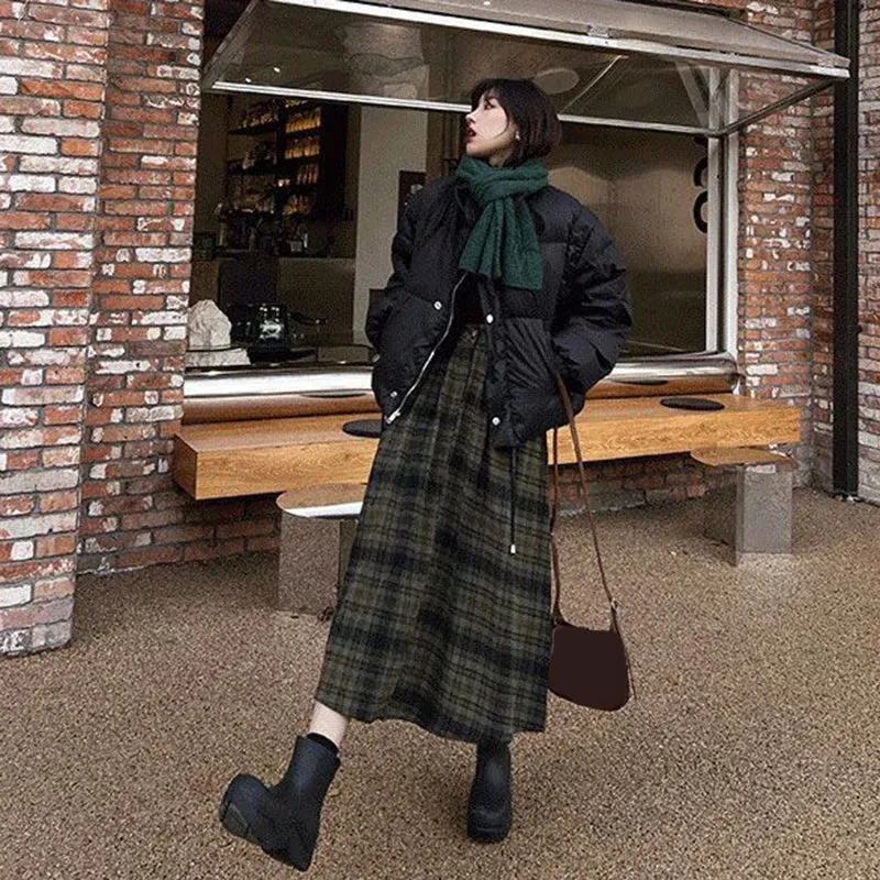 Toleet-Autumn Winter Woolen Plaid Skirt for Women 2024 Vintage High Waist Midi Skirts Woman A-Line Pleated Long Skirts Female