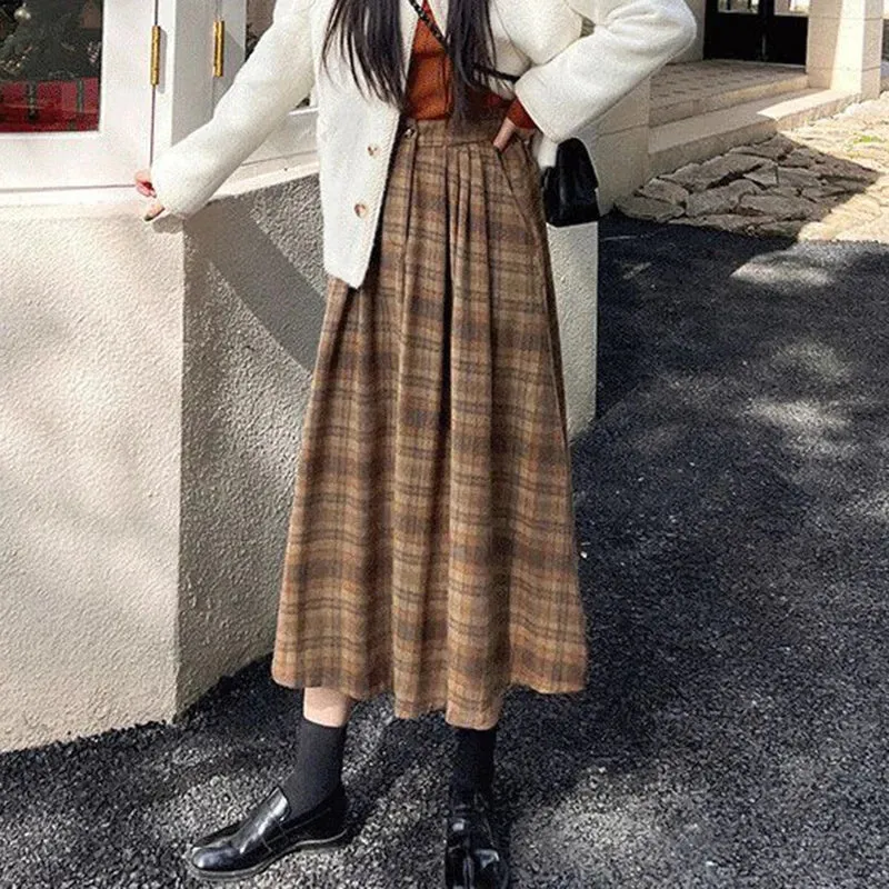 Toleet-Autumn Winter Woolen Plaid Skirt for Women 2024 Vintage High Waist Midi Skirts Woman A-Line Pleated Long Skirts Female