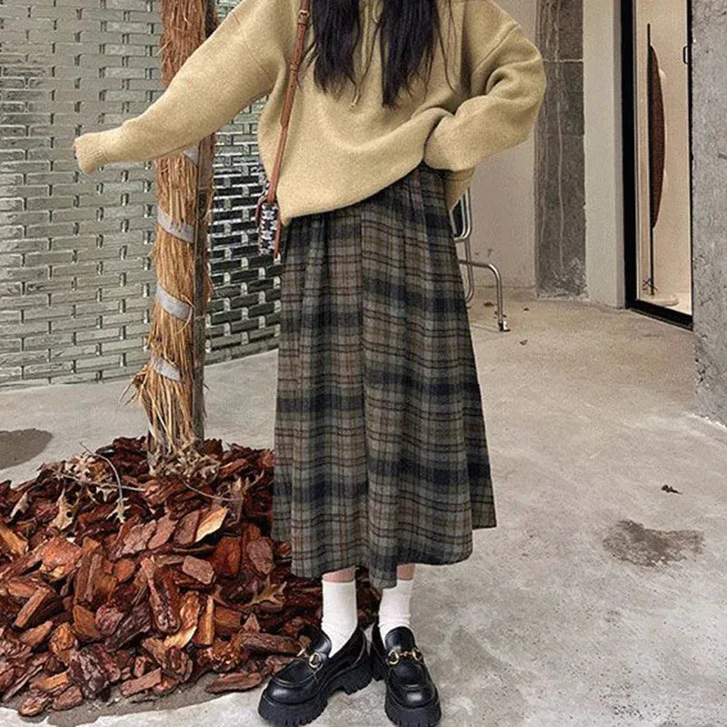 Toleet-Autumn Winter Woolen Plaid Skirt for Women 2024 Vintage High Waist Midi Skirts Woman A-Line Pleated Long Skirts Female